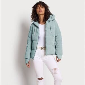 Sam Edelman Powder Blue Corduroy Puffer Coat Jacket Hood Funnel Pillow Collar S